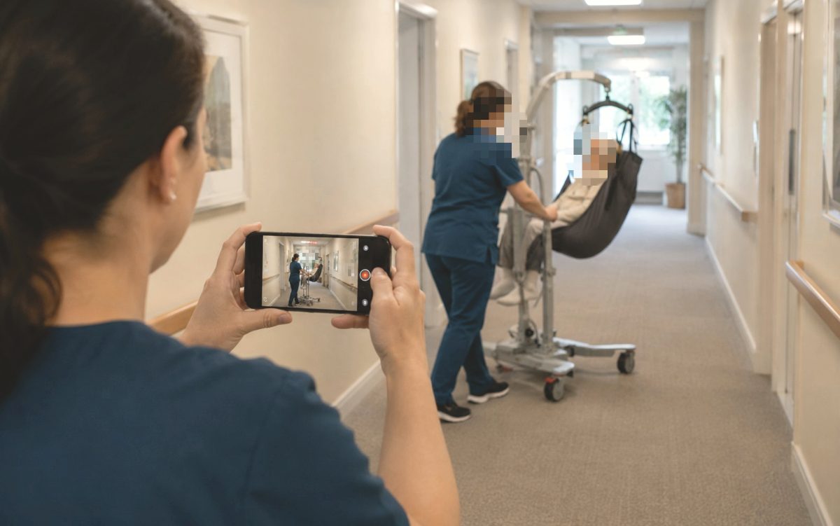 A colleague films a resident transfer on a phone in an aged-care corridor; faces blurred