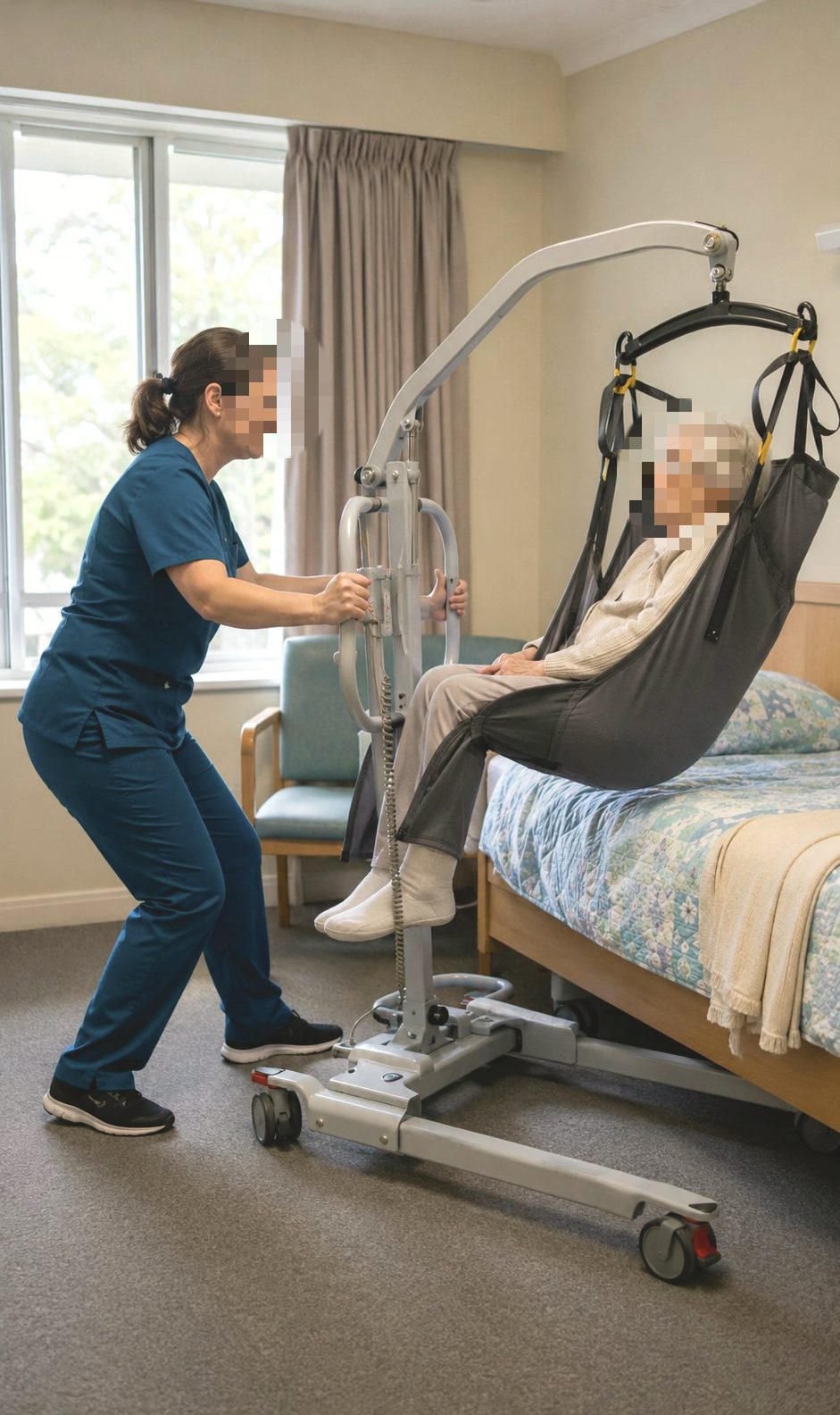 Aged-care worker performing a resident transfer with a mobile hoist, face blurred