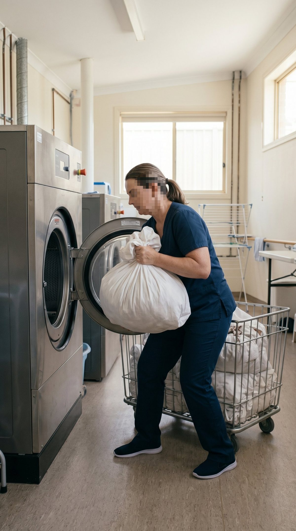 Aged-care laundry worker handling linen, face blurred