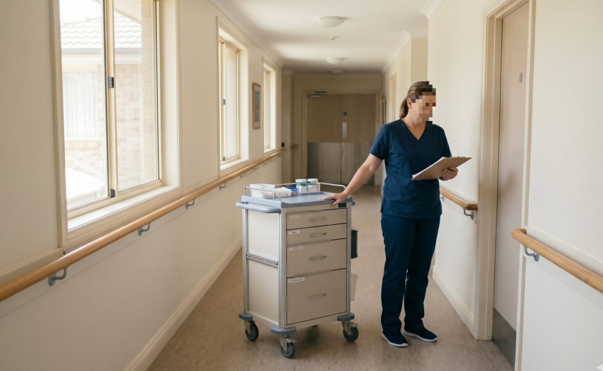 Aged-care worker on a medication round with a trolley, face blurred