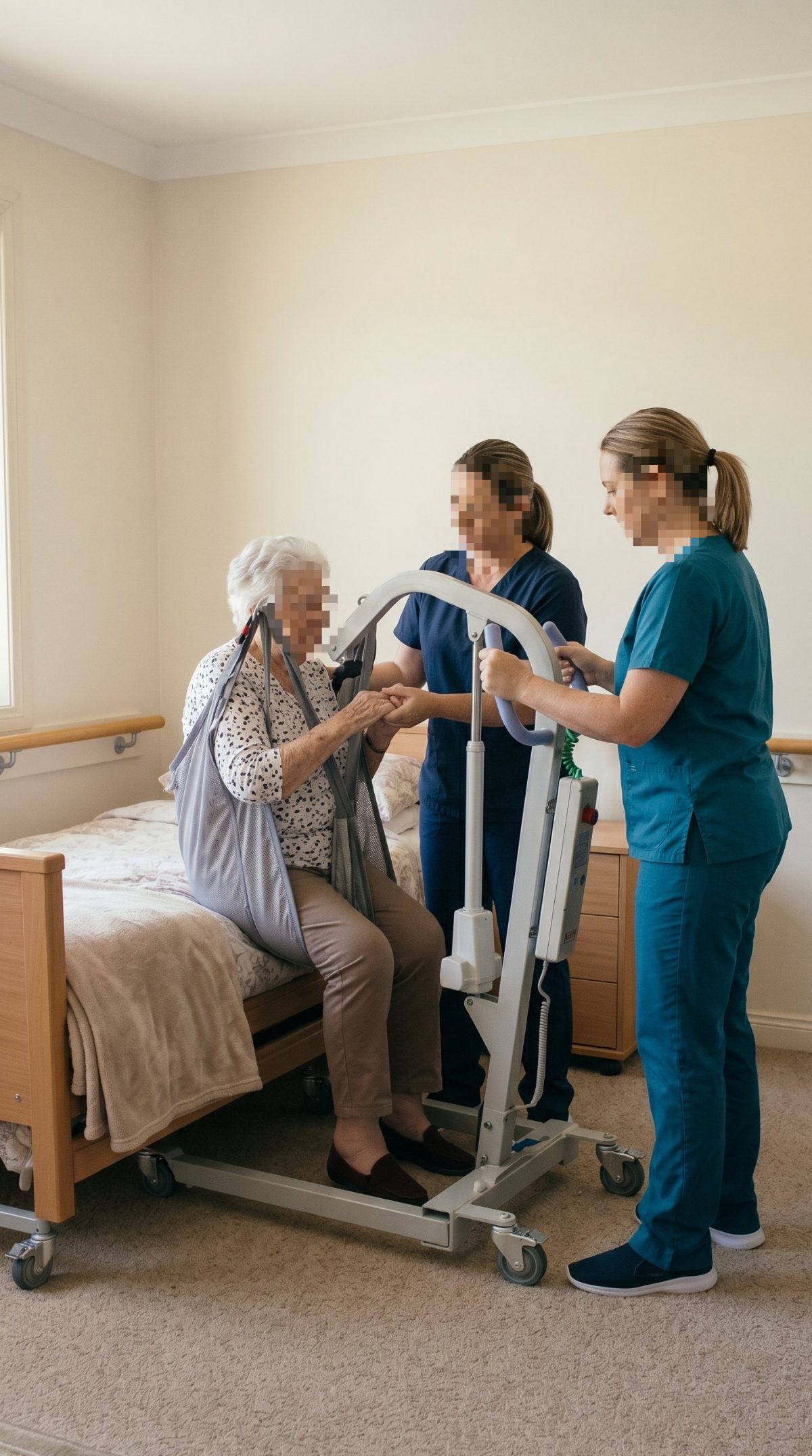 Two carers performing a two-person resident transfer, faces blurred